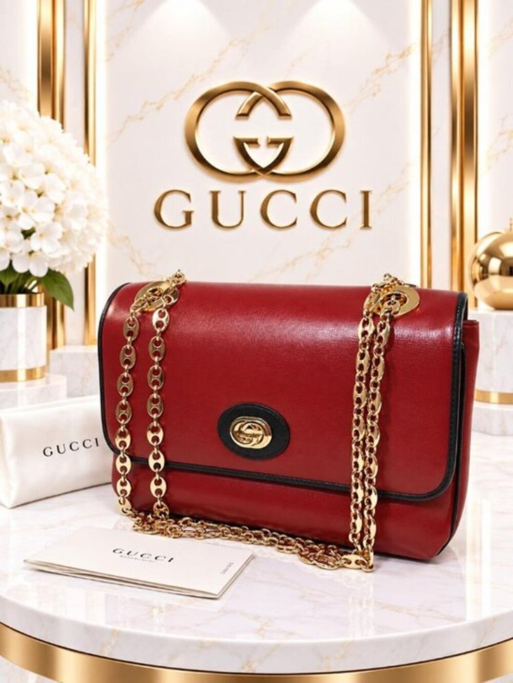 Authentic Gucci Interlocking G Red Leather Chain Shoulder Bag Gold Hardware